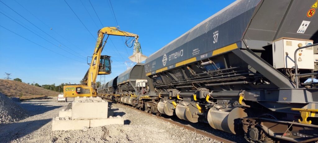 location d'une pelle rail-route, une pelle de manutention Caterpillar MH3024,
un chargeur sur pneu avec un godet de 4000 litre Godet GHD